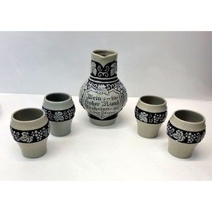 Vintage Gerzit Gerz West Germany Stoneware Pottery 5 Piece Set Pitcher & 4 Cups
